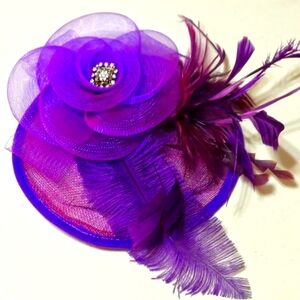 H25914 Purple Mesh Feather Fascinator